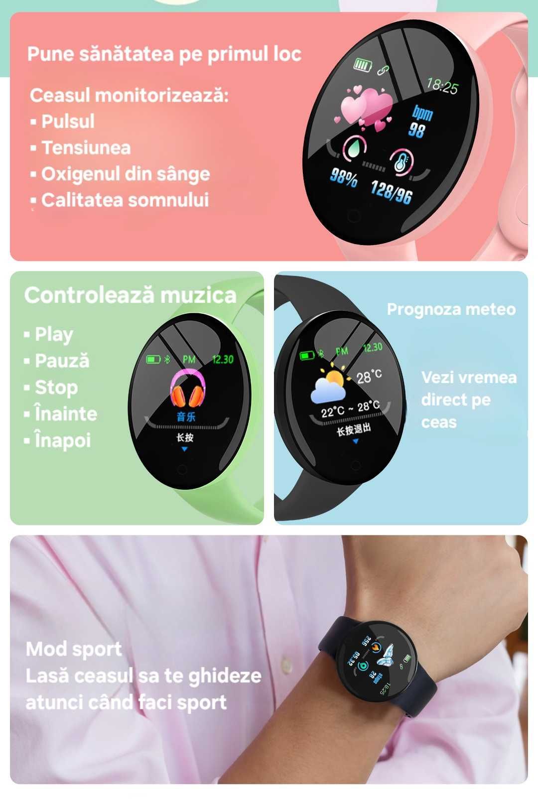 Smart watch performant. Waterproof, fitness, sănătate, somn etc. Roz