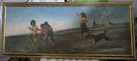 Tablou Satra familie nomazi copii peisaj ulei/carton 110/50cm Rama
