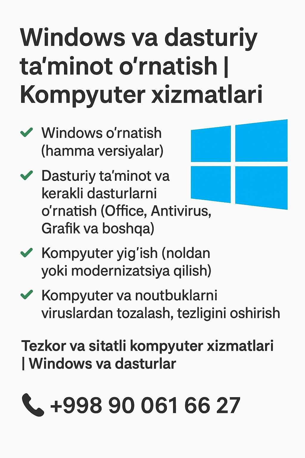 Windows va dasturiy ta’minot o‘rnatish | Kompyuter xizmatlari