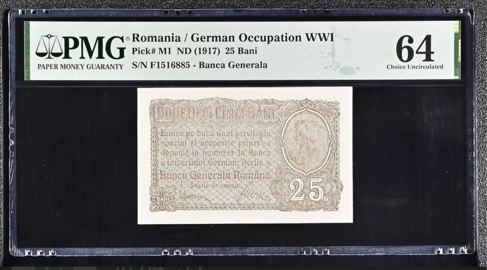 25 bani 1917 bgr PMG64 UNC bancnota gradata