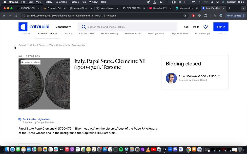 Moneda de argint an 1709, 21 gr Papa Clemens 11 , foarte rara pret fix