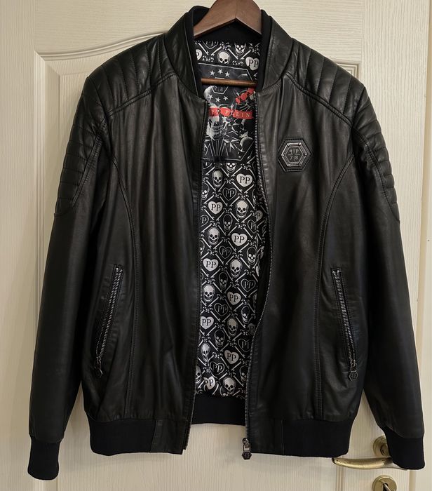 Черно мъжко яке от естествена кожа Phillip plein размер L промо цена