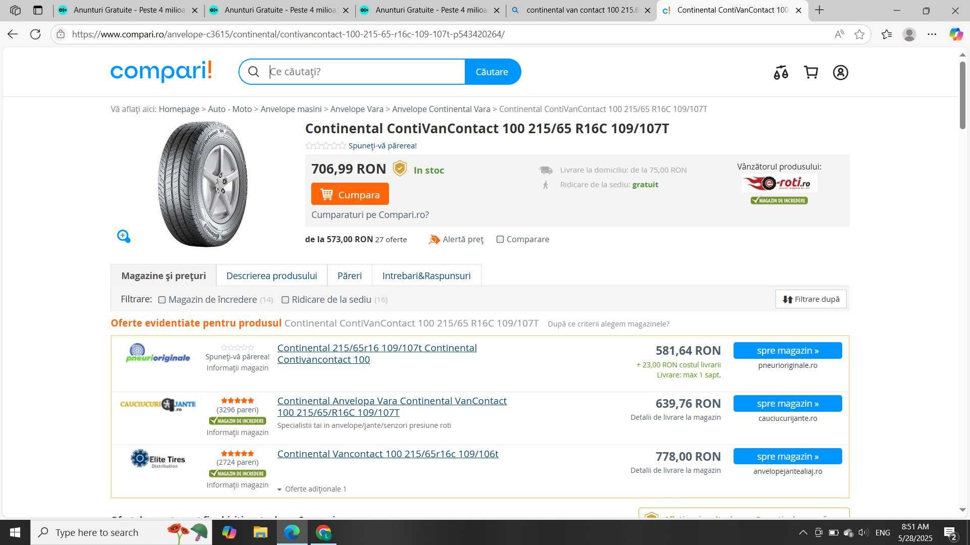 4 Anvelope VARA 215.65.16C 'CONTINENTAL [dot 2024] ; stare foarte buna