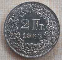 Moneda din argint Elvetia - 2 Francs 1963, stare foarte buna