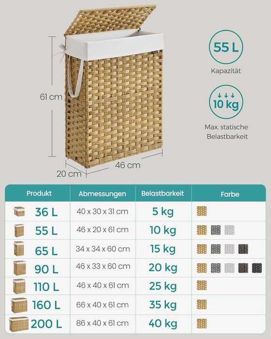 Coş pentru rufe Songmics, 55 L, ratan, capac & manere