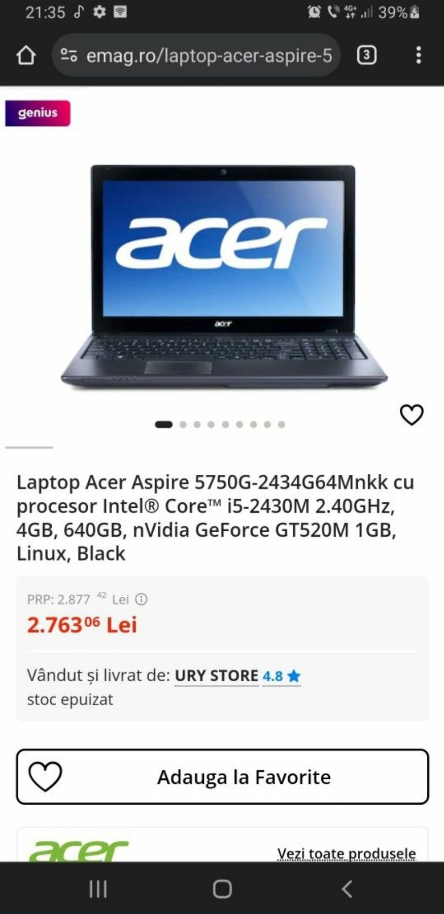 Vand Laptop Acer Aspire 5750g intel core i5