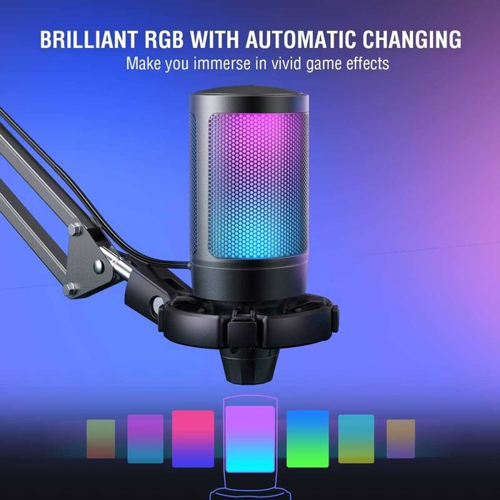 FIFINE A6T - Пълен RGB геймърски микрофон със стойка (Boom Arm)