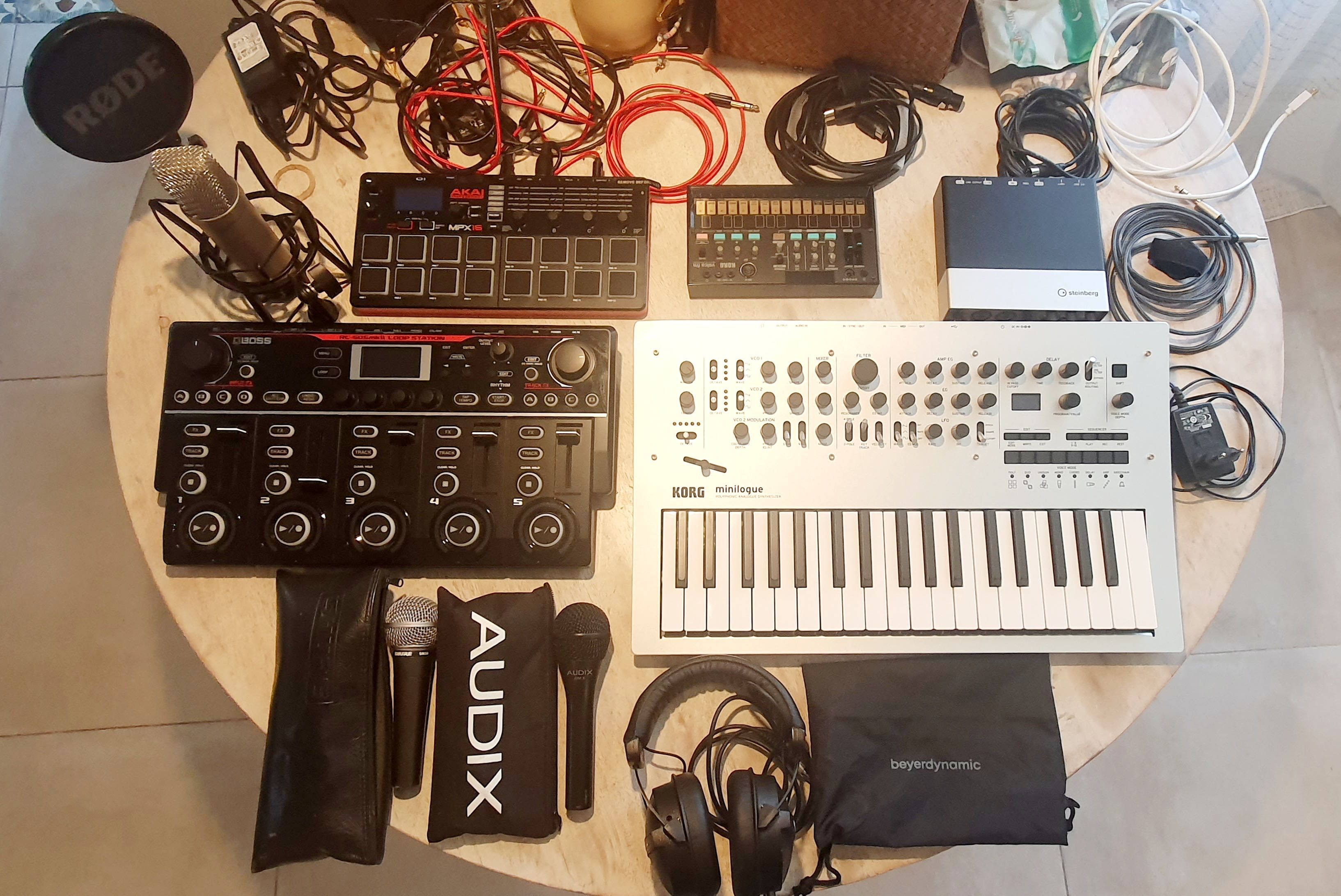 Boss RC-505 MKII Korg Minilogue Akai MPX16 Rde NT1 5th Audix OM3 SHURE