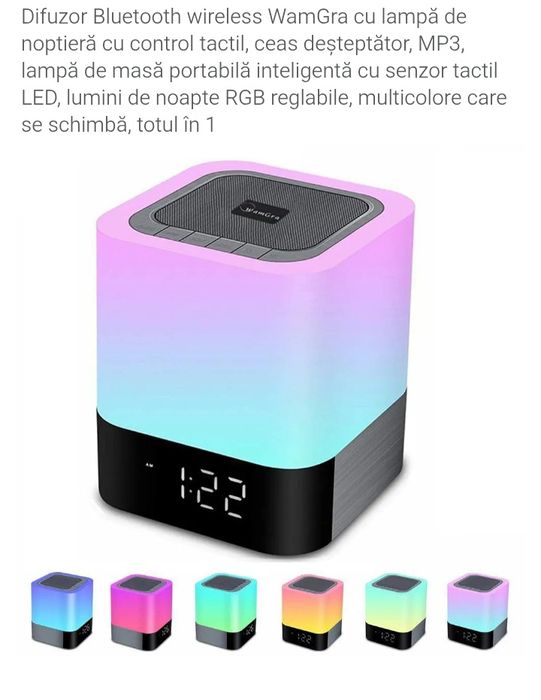 Lampă de noptieră cu ceas deșteptător, difuzor Bluetooth, lumină de no