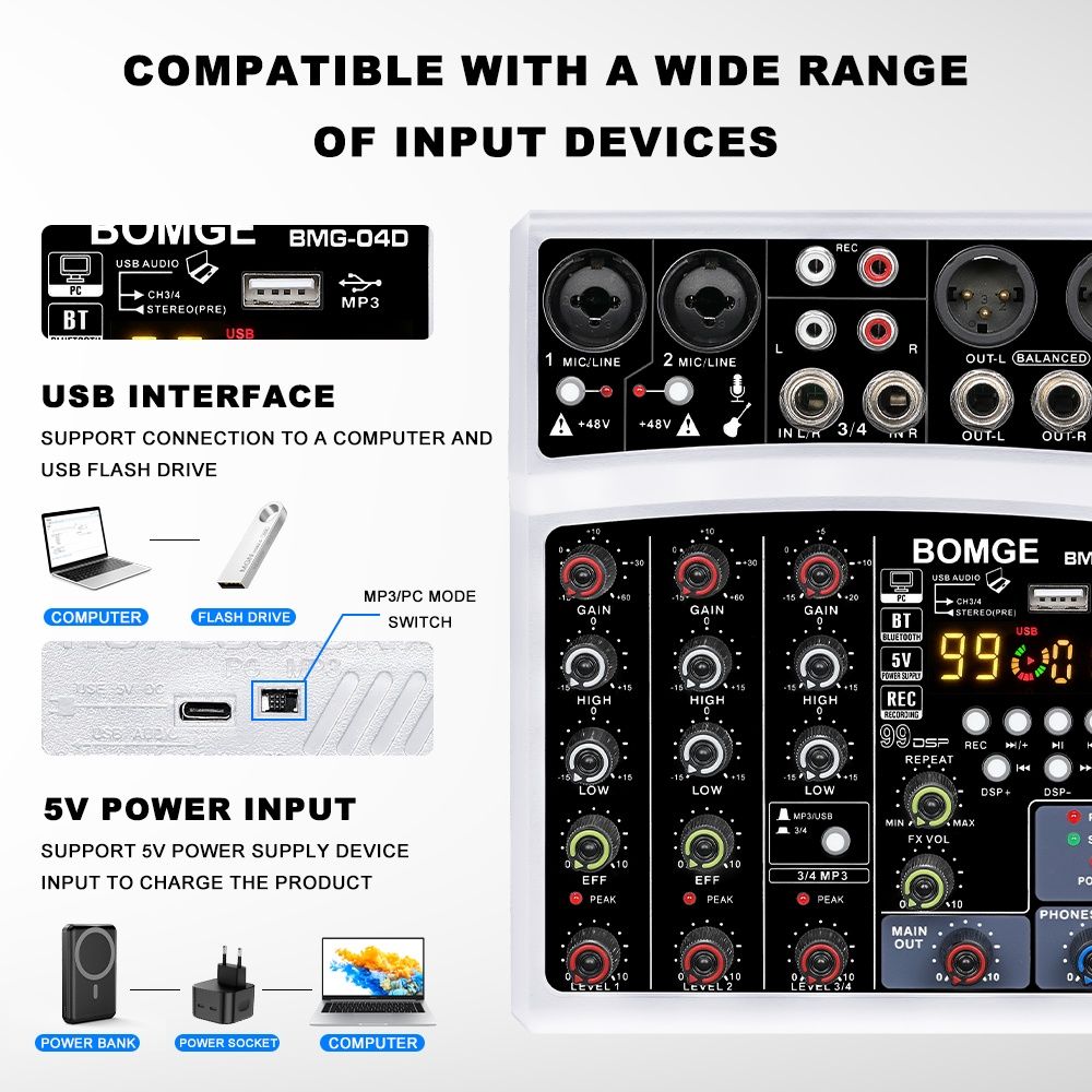 Смесителен пулт BMG-04D DSP99 UPGRADE, DJ Mixer, Bluetooth, USB Player