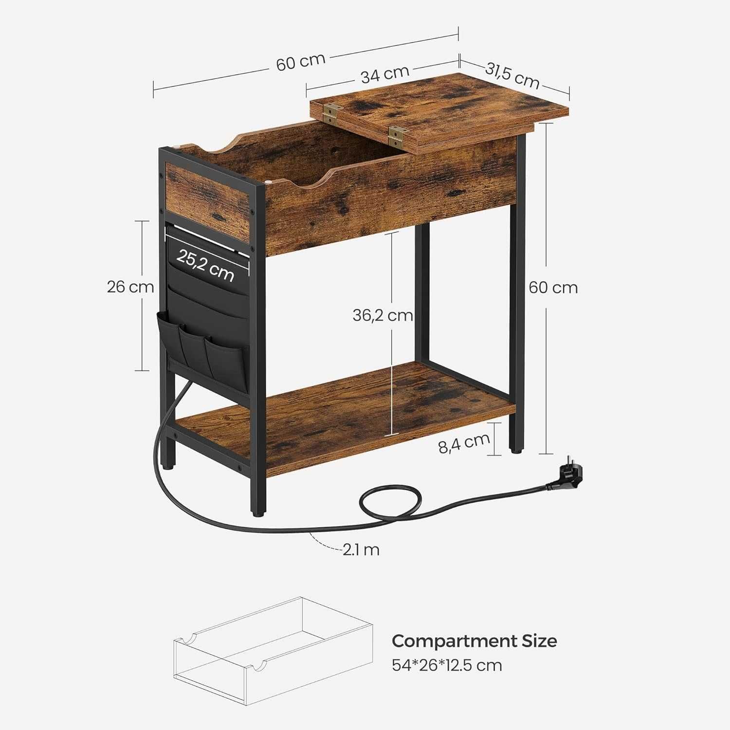 Masa pentru living/ Noptiera cu 2 prize si 2 usb ,  60 x 31,5 x 60 cm