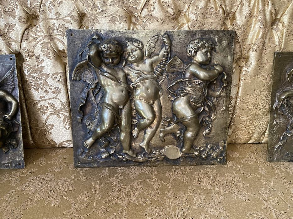 Placa Bronz Masiv Basorelief Ingerasi Amorasi Tablou Vintage Sculptura
