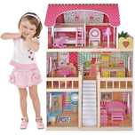 Casa de papusi din lemn cu mobilier din lemn, iluminat LED, 90x59x30cm