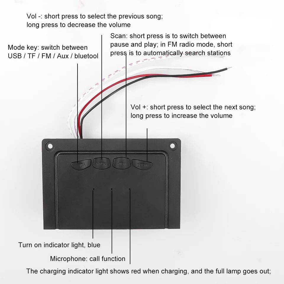 Mp3 плеър 3.7V-5V, 2*5W ъглов модул за вграждане с BT 5.0, Mic,Aux,Sd