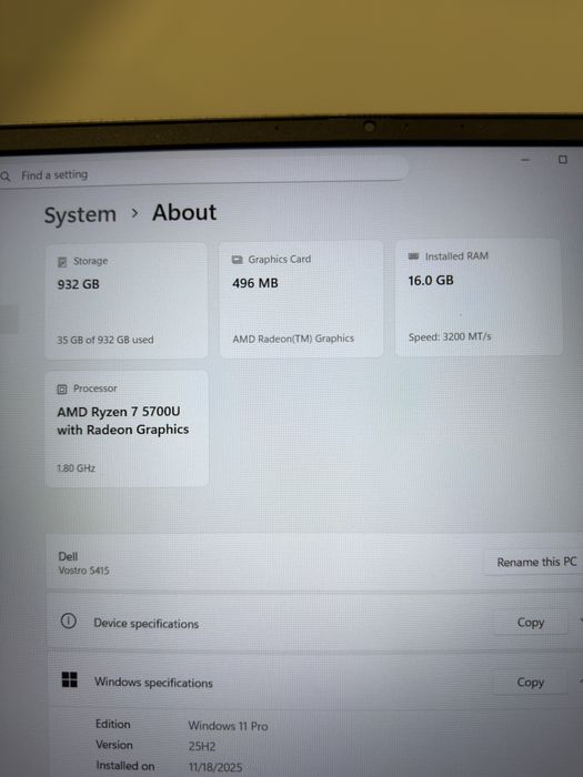 Dell Vostro 5415 - 16GB RAM, 1TB SSD, AMD Ryzen 7 5700U, Windows 11PRO