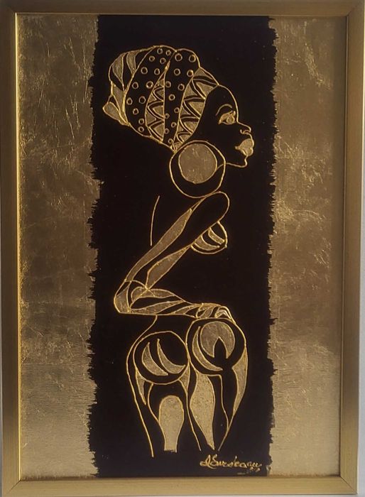 TABLOU nou foita aur, modern , NEGRESA-FATA AFRICANA,pictor roman