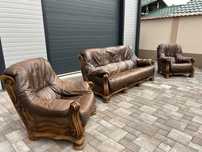 Set canapea canapele 3 - 1 - 1 Lemn Masiv + PIELE Naturala Rustic