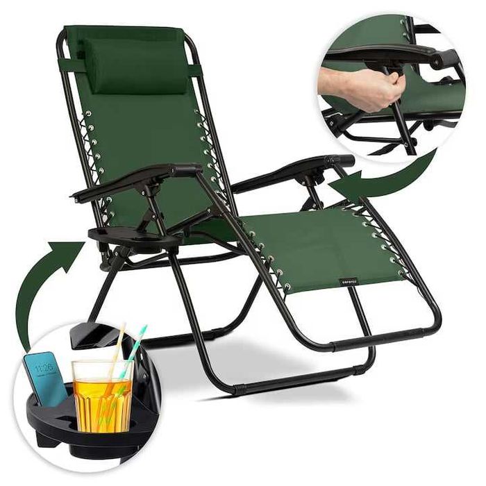 Sezlong pliabil cu perna si mini masa ChillWell, verde, 110x102x60cm