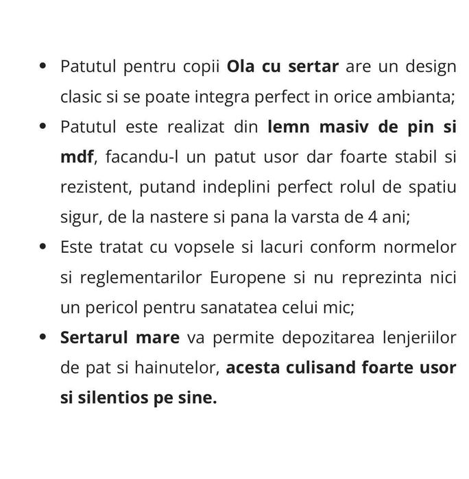 Pătuț “Ola” lemn bebe NOU + cadou saltea din cocos + cadou așternut