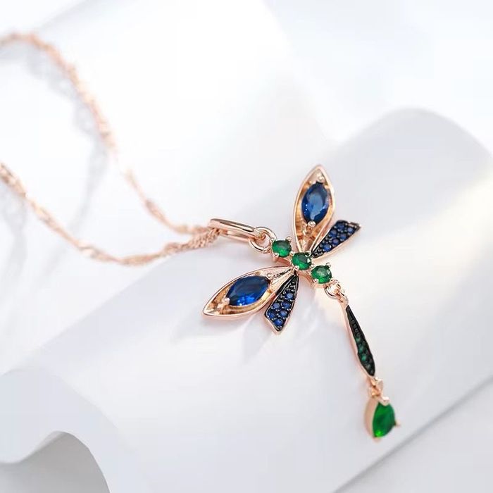 Colier si Pandantiv Luxury Dragonfly, placate cu aur roz de 14k