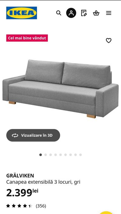 IKEA GRÄLVIKEN - Canapea extensibilă 3 locuri, gri. Pat: 140 x 200 cm.