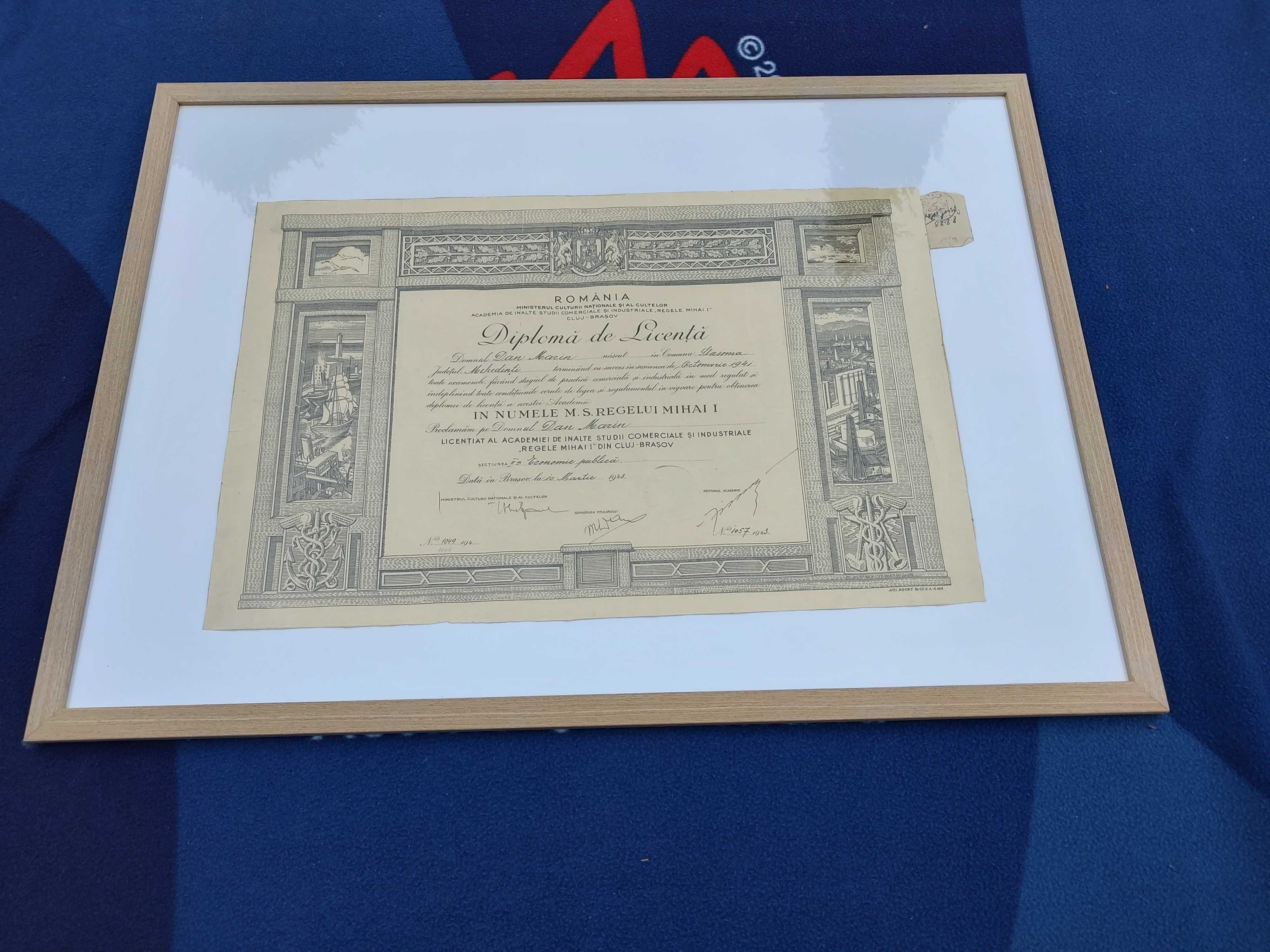 Diploma de licenta, inramata, anul 1943, in numele Regelui Mihai I