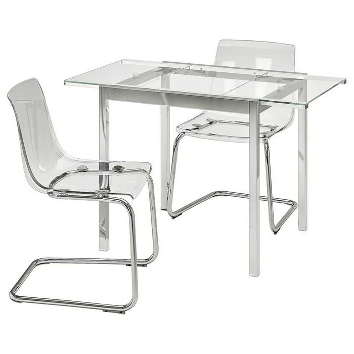 Masă sticlă extensibilă Glivarp Ikea + 2 scaune Tobias trnsp/cromat