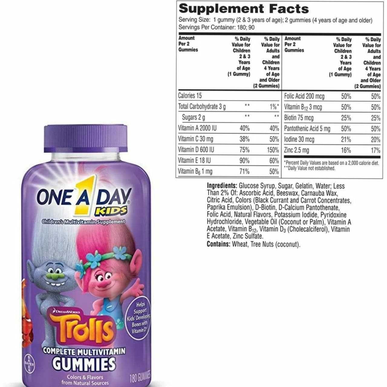 Детские витамины One A Day Kids Trolls 180 мармеладок USA