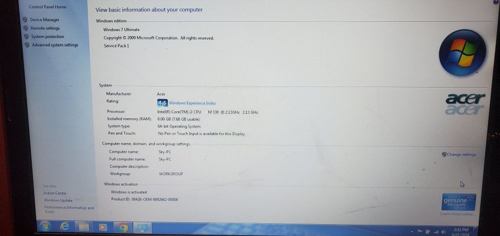Laptop Acer I3, ecran 15.6, procesor - 2,13 GHz, 250 GB 8GB Rami