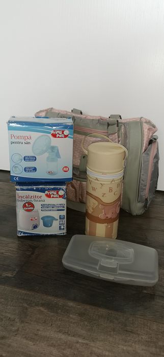 Vând geantă mama, pompă manuală de sân și încălzitor biberon/borcănel