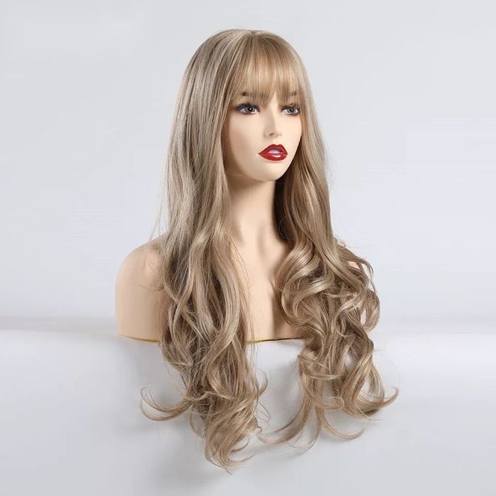 Peruca T21 blonda gri blond cenustiu breton lunga creata ondulata
