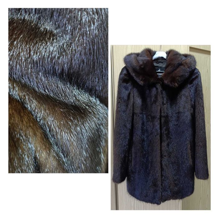 Норковая шубка до середины бедра 46р. Капюшон, коричневая.