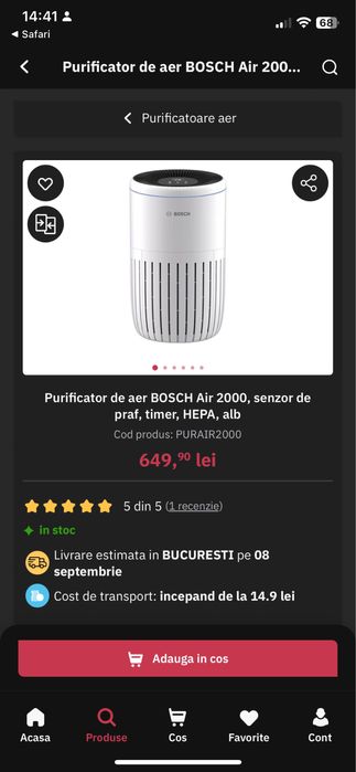 Purificator de aer BOSCH Air 2000, senzor de praf, timer, HEPA, alb
