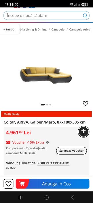 Vând colțar modern, model ARIVA, culoare galben-gri,