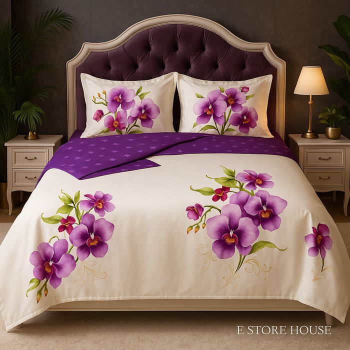 Lenjerie pat bumbac finet 6 piese -model floral mov Casa Pucioasa