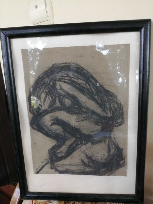 Tablou, desen original in carbune Mane - Katz, semnat