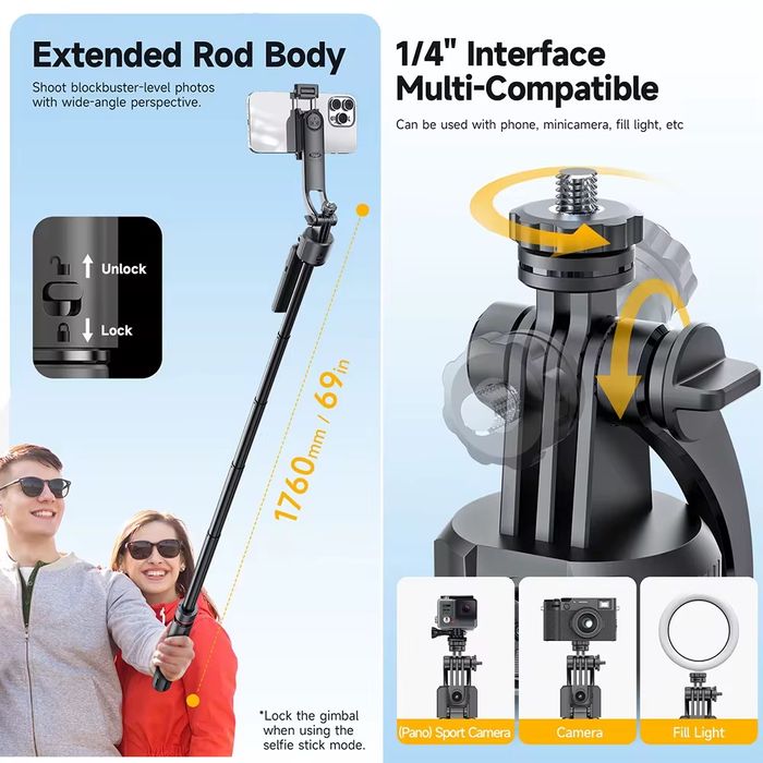 Selfie Stick AI Face Tracking – 360° Automată, Gimbal Trepied
