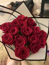 Букет цветов, красные розы, свежие, 15 шт