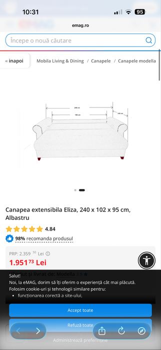 Canapea extensibila Eliza, 240 x 102 x 95 cm, Albastră
