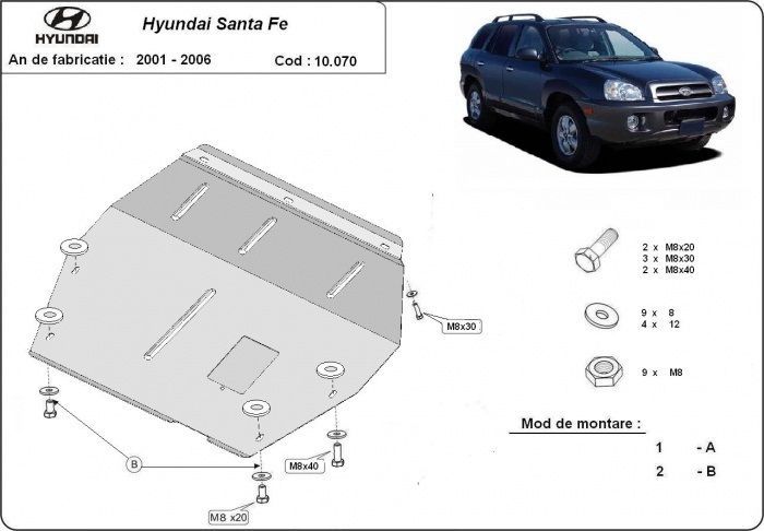 Scut metalic pentru motor Hyundai Santa Fe 2001-2006 - otel 3mm