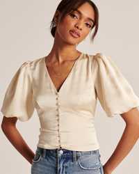 Сатенена блуза/топ/риза Abercrombie&Fitch, къс ръкав, р-р XS, екрю