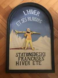 Tablou,panoplie franceza din lemn in basorelief pictat,ski