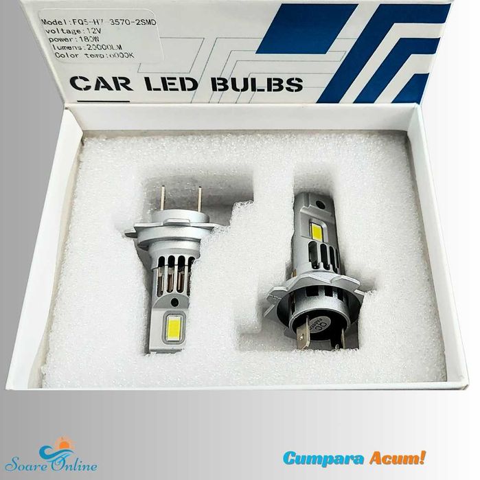 Set 2 becuri led auto H7 180W 6000k 20000lm forma la fel cu halogen