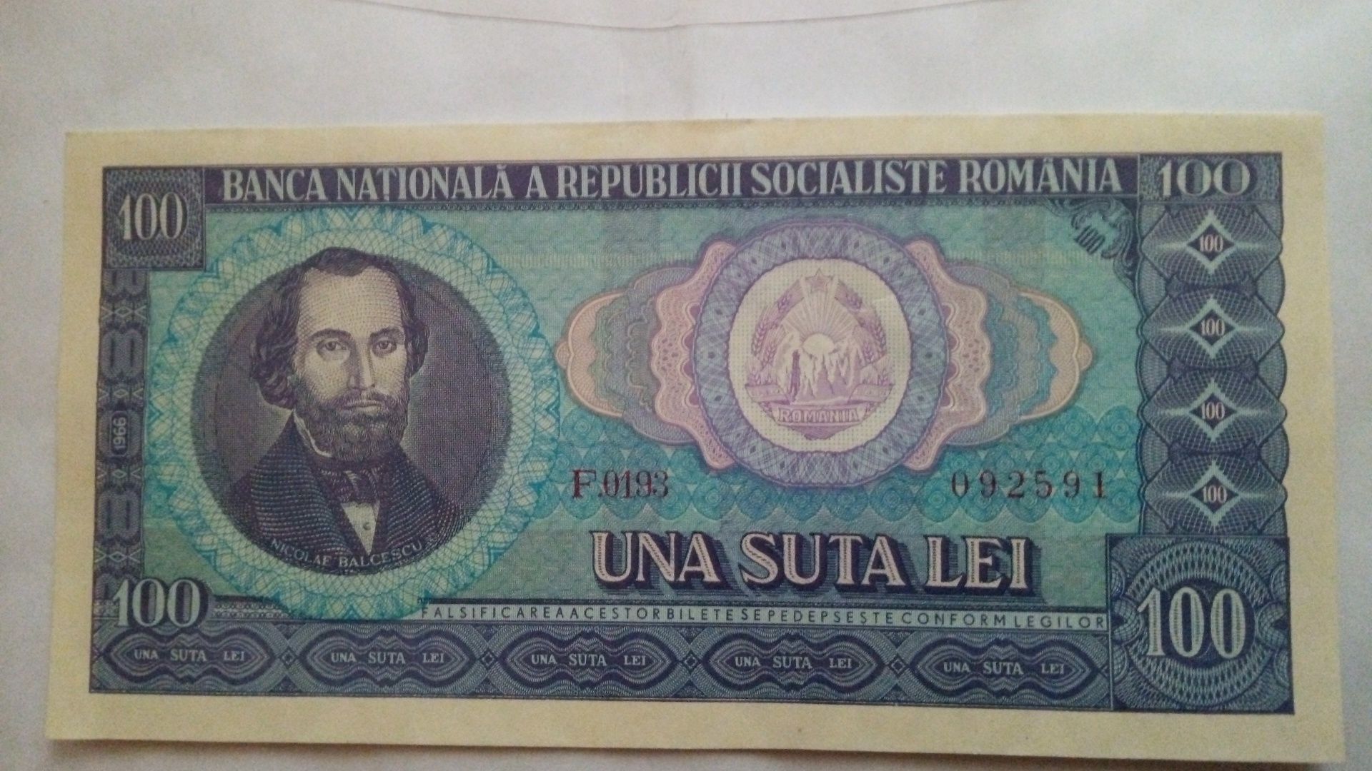 Bancnota 100 lei anul 1966 Nicolae Bălcescu
Seria F.
S