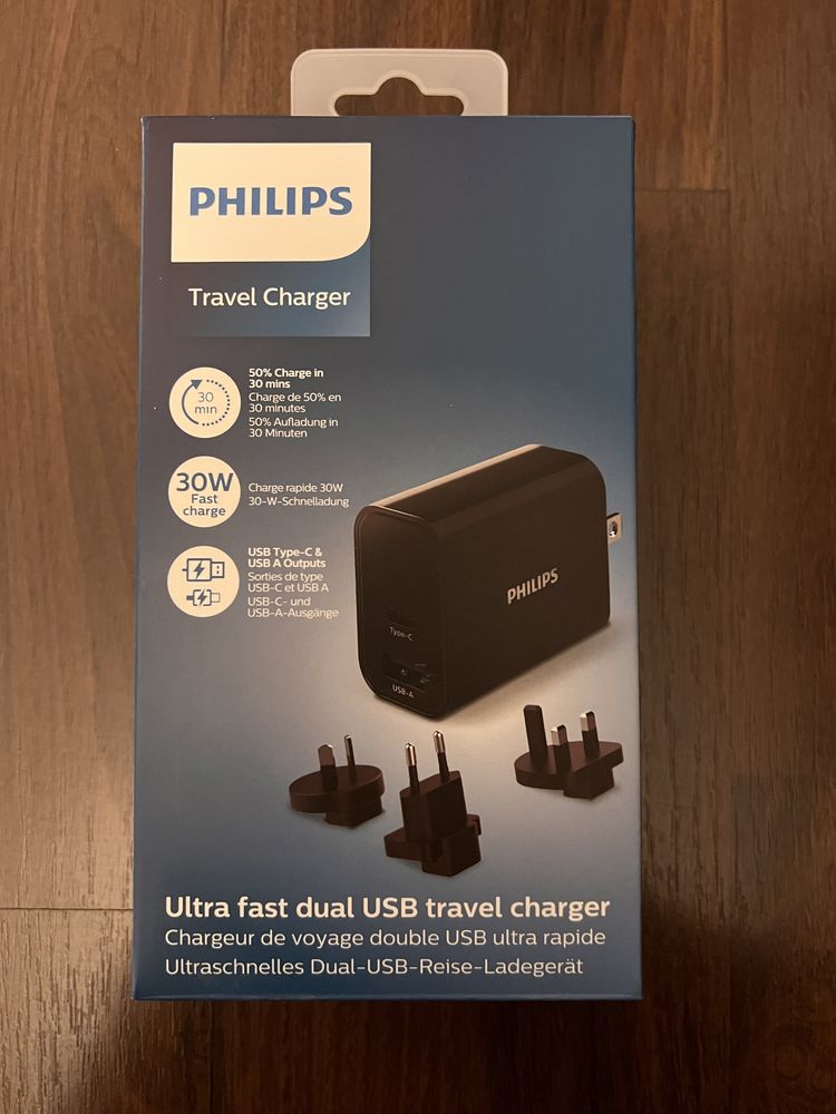 Încarcător USB si USB-C Philips cu adaptor priza UK, USA, etc. NOU