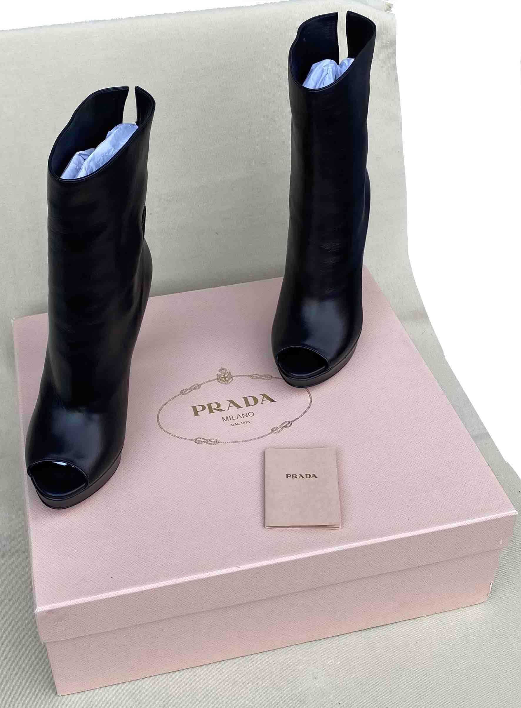 PRADA Superbe Ghete Botine Peep Toe Fashion Piele Negru Nou Original