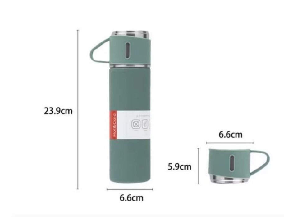 Подаръчен комплект термос с 3 чаши, зелен, розов, сив.