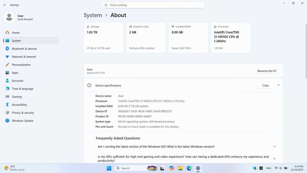 Ноутбук Acer Aspire 3 A315-57 series