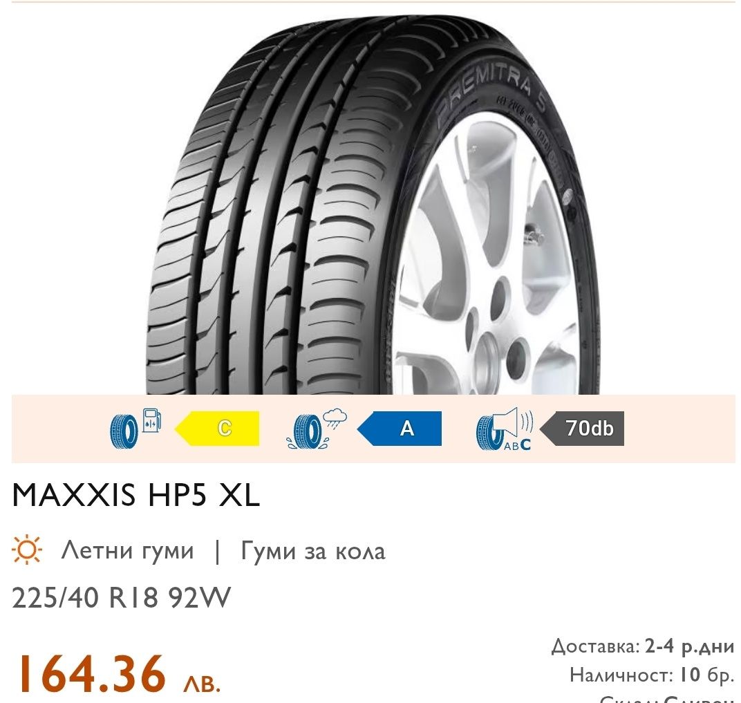 2бр. летни гуми 225/40/18 Maxxis Premitra HP5
dot23
7.6mm
Много добро