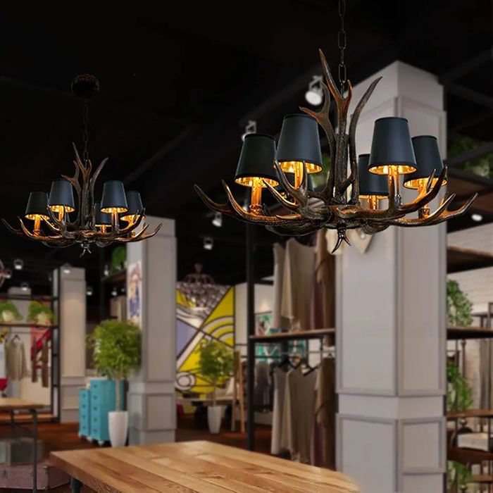 Полилей еленов рог(смола)черен и 6 абажура, 6×Е14